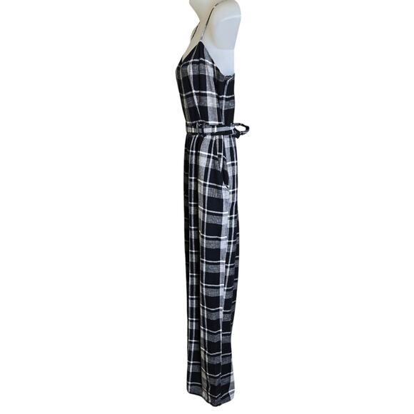 American Eagle Women’s Plaid Jumpsuit Medium Black White Linen‎ Blend One Piece - Picture 5 of 9